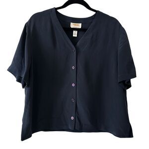 Talbots Navy Blue Pure Silk V-Neck Button Up Boxy‎ Blouse Size 16